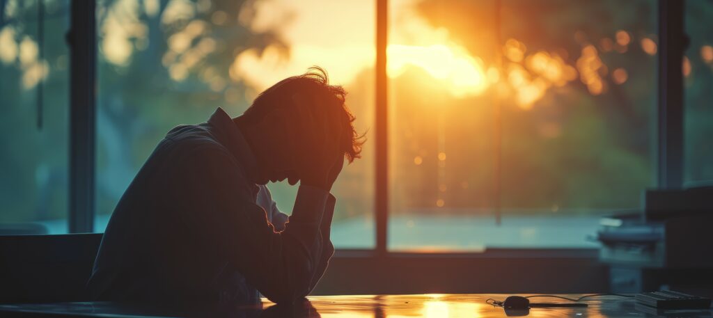 Imagen para el post titulado "Quítate la máscara y sé un hombre con Síndrome de Tourette" en el que aparece la silueta de un hombre sentado cabizbajo, apoyando los codos sobre una mesa y con las manos sosteniendo la cabeza.